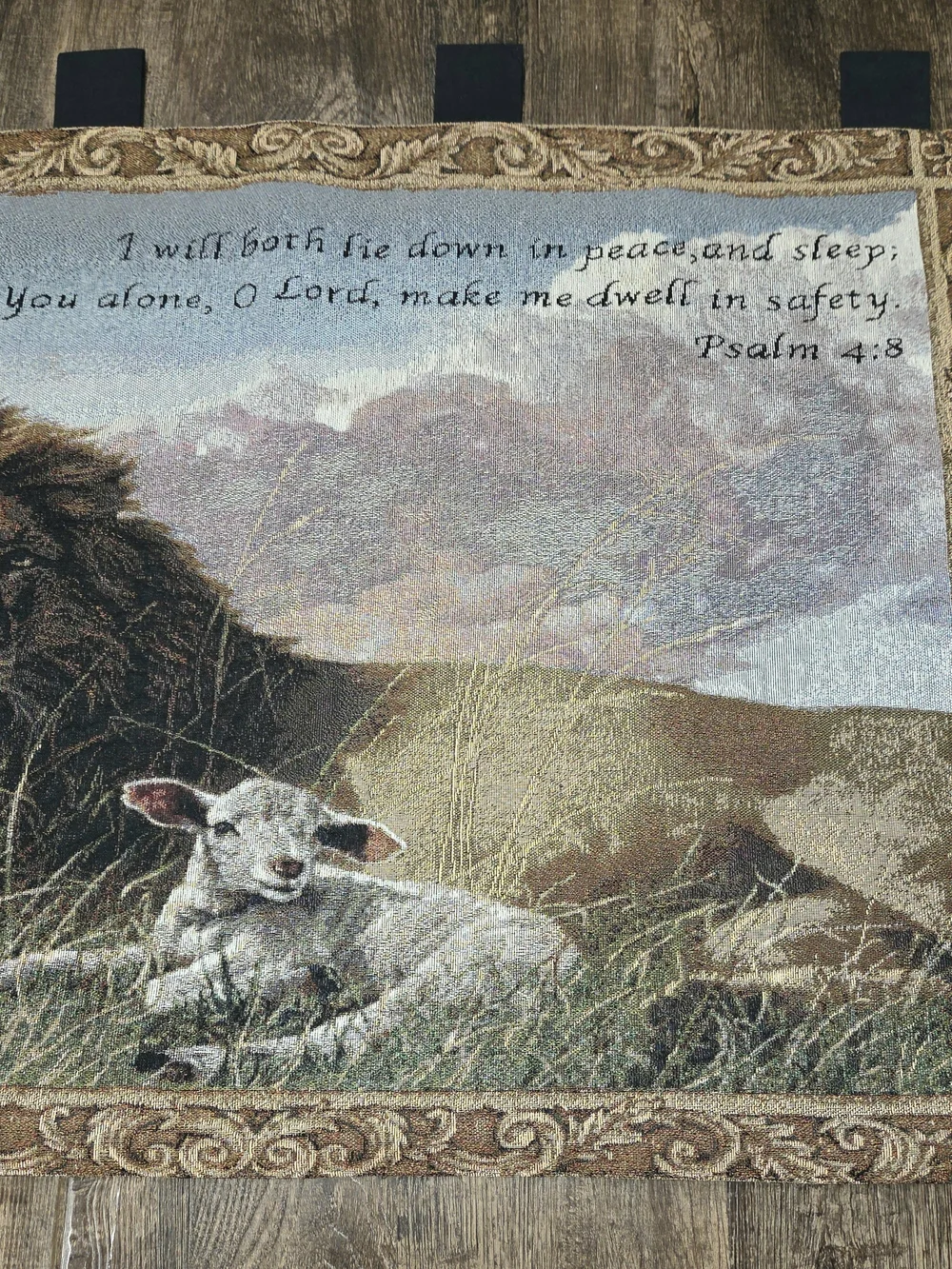 Lion & Lamb Tapestry Wall Hanging w/Black Tabs by Nancy Glazier 36” X 26”